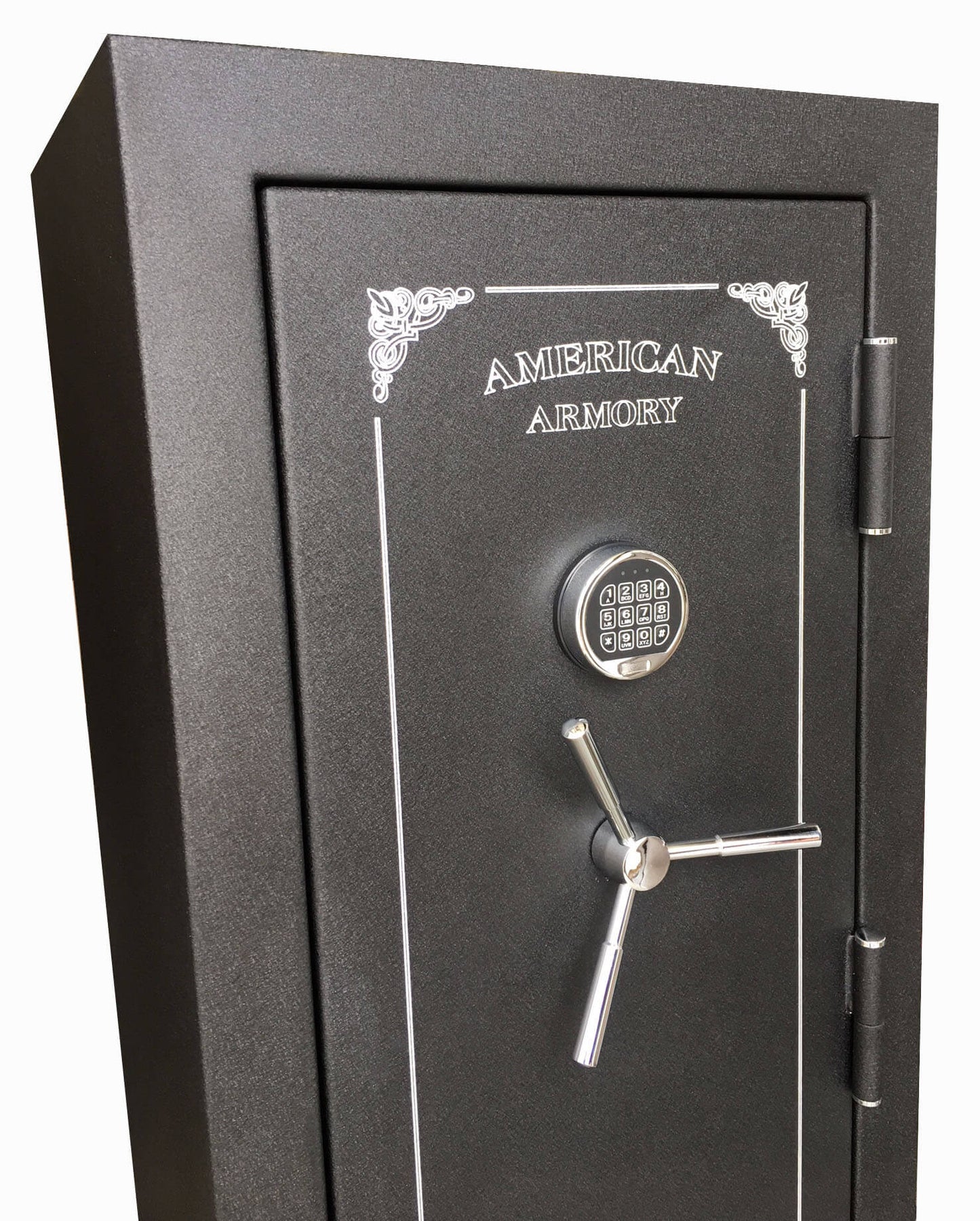 60 inch tall by 25 inch wide American Armory tactical gun safe locked off to the side angle in textured black