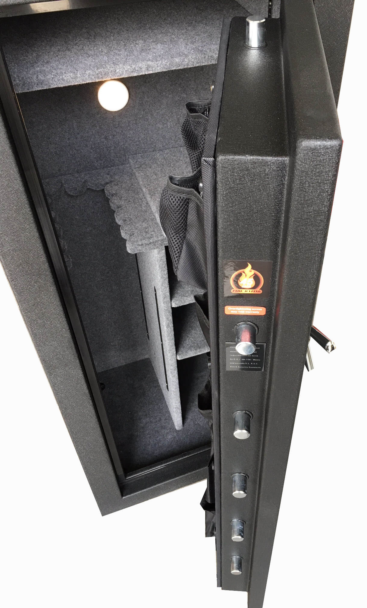 60 inch tall by 25 inch wide American Armory tactical gun safe unlocked half open in textured black