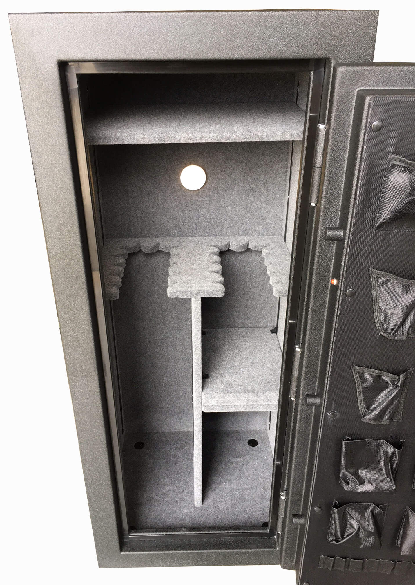 60 inch tall by 25 inch wide American Armory tactical gun safe unlocked with LED light in textured black
