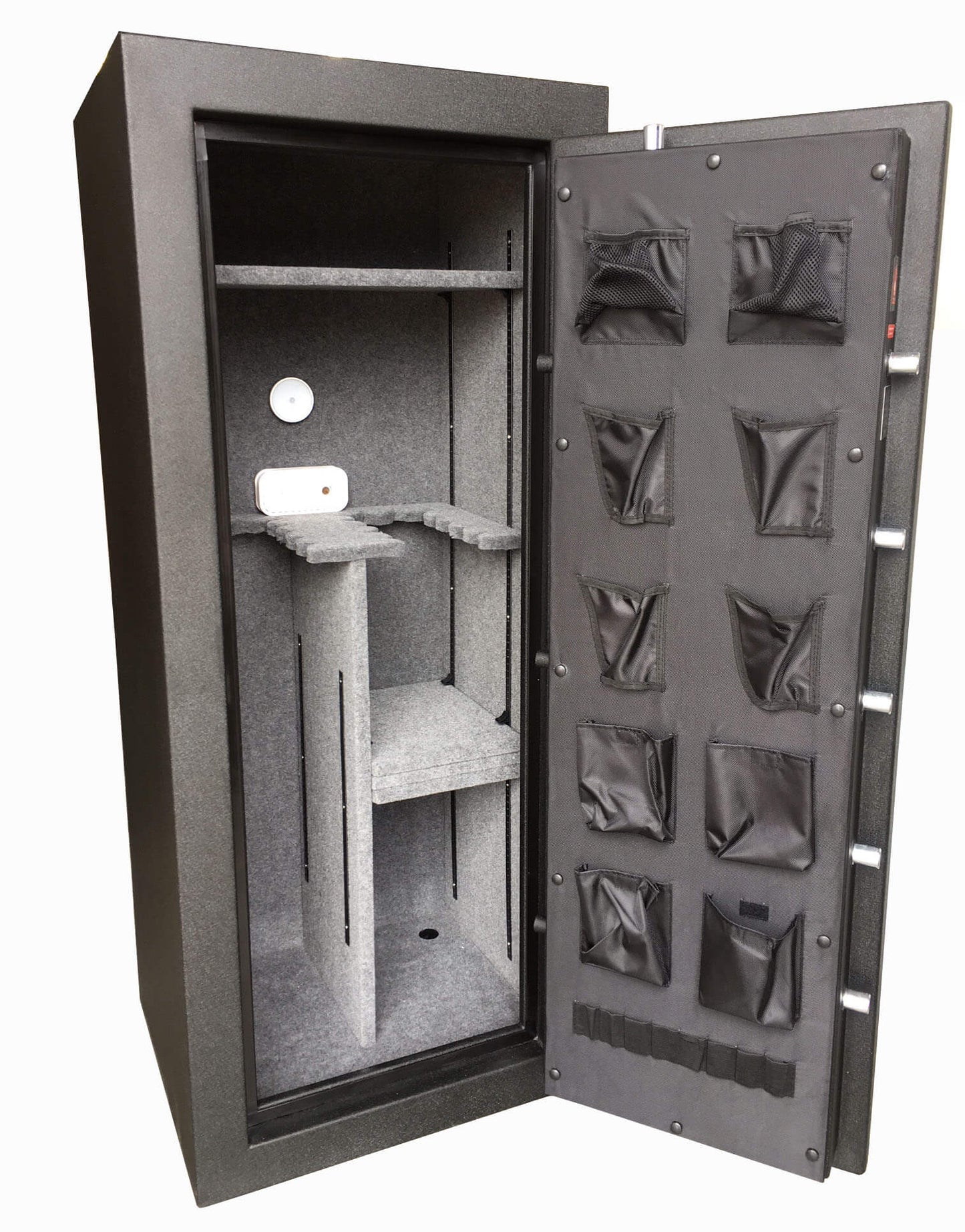 60 inch tall by 25 inch wide American Armory tactical gun safe unlocked in textured black