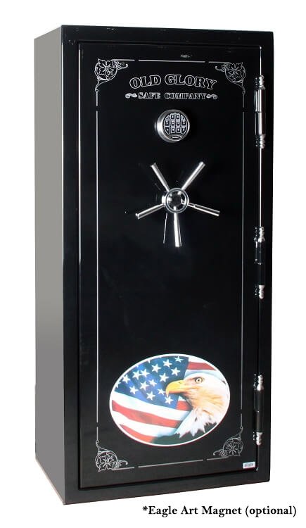 60 inch tall by 28 inch wide Old Glory gun safe locked in gloss black with American eagle magnet