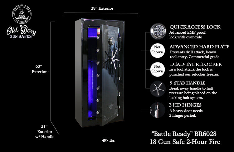 60 inch tall by 28 inch wide Old Glory Battle Ready gun safe tactical infographic