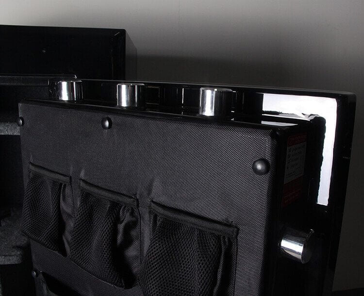 Old Glory gun safe unlocked in gloss black with tactical door storage and massive locking bolts