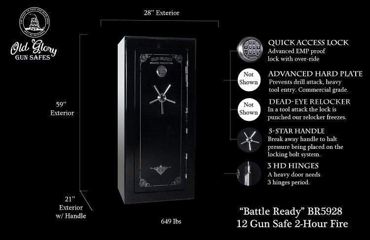 60 inch tall by 28 inch wide Old Glory Battle Ready gun safe tactical infographic