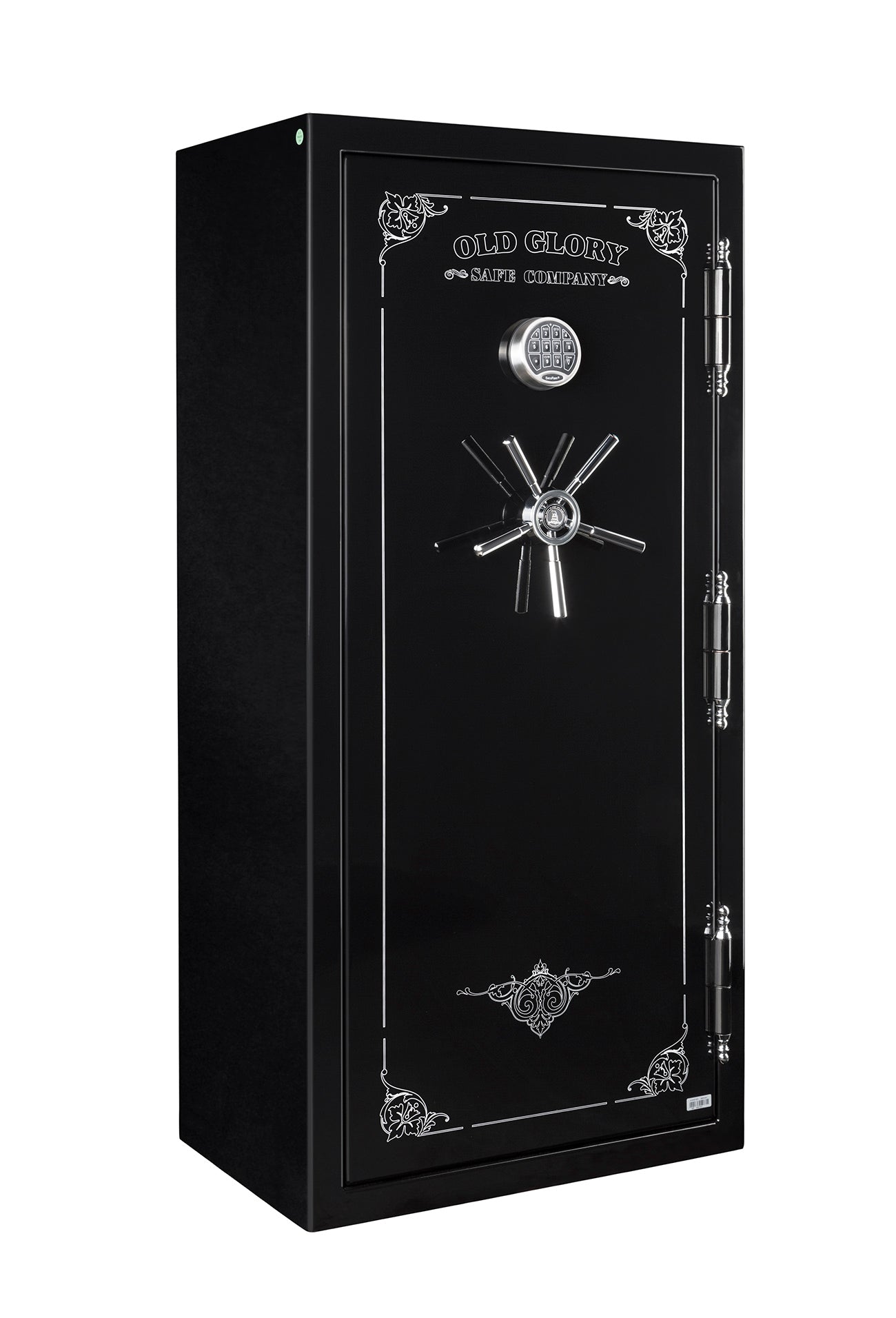 60 inch tall by 28 inch wide Old Glory gun safe locked in gloss black