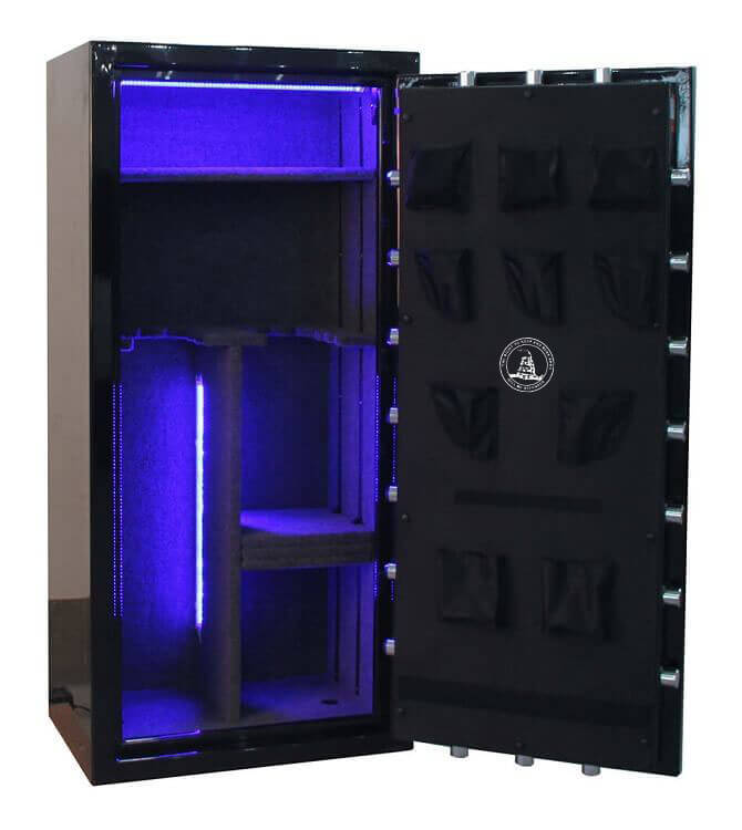 60 inch tall by 28 inch wide Old Glory gun safe unlocked in gloss black with LED lights