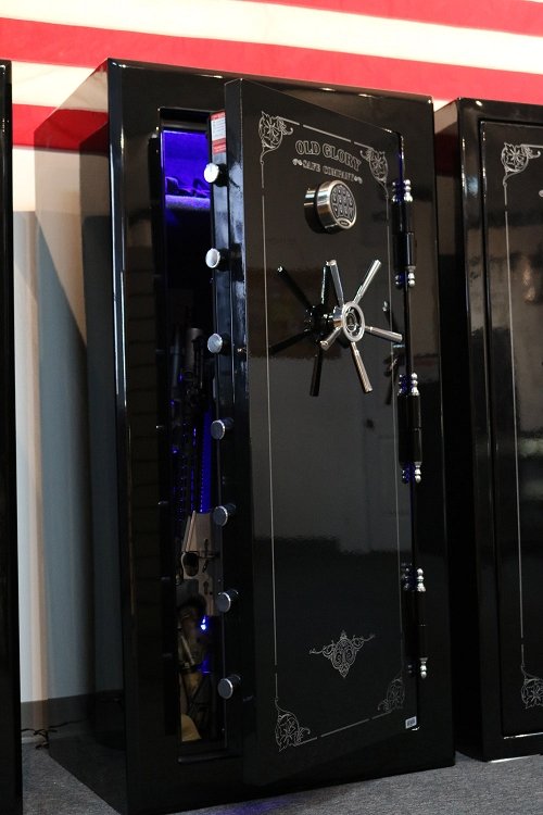 60 inch tall by 30 inch wide Old Glory Battle Ready gun safe unlocked in gloss black with LED lights