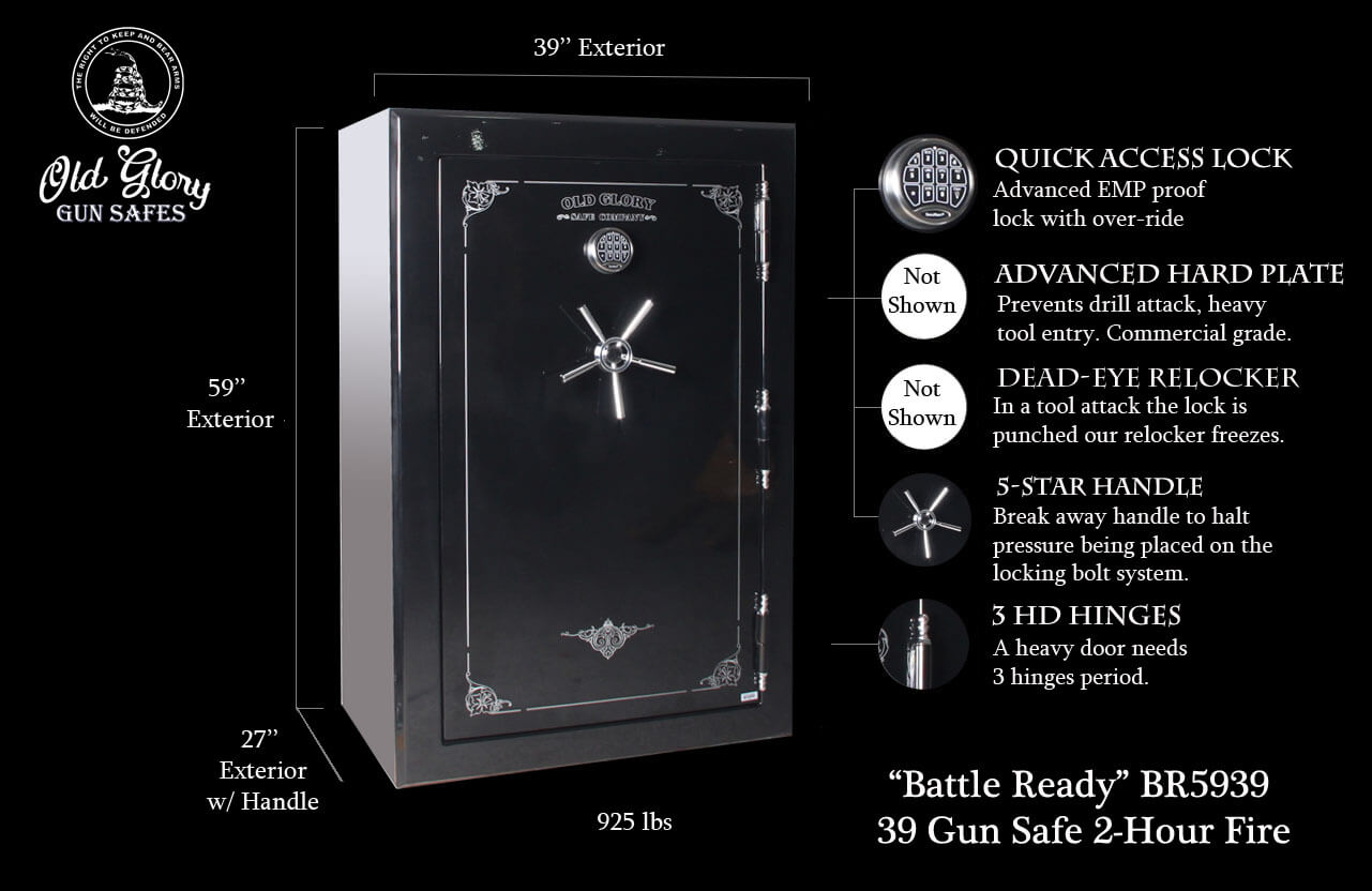 60 inch by 39 inch Old Glory Battle Ready gun safe tactical infographic