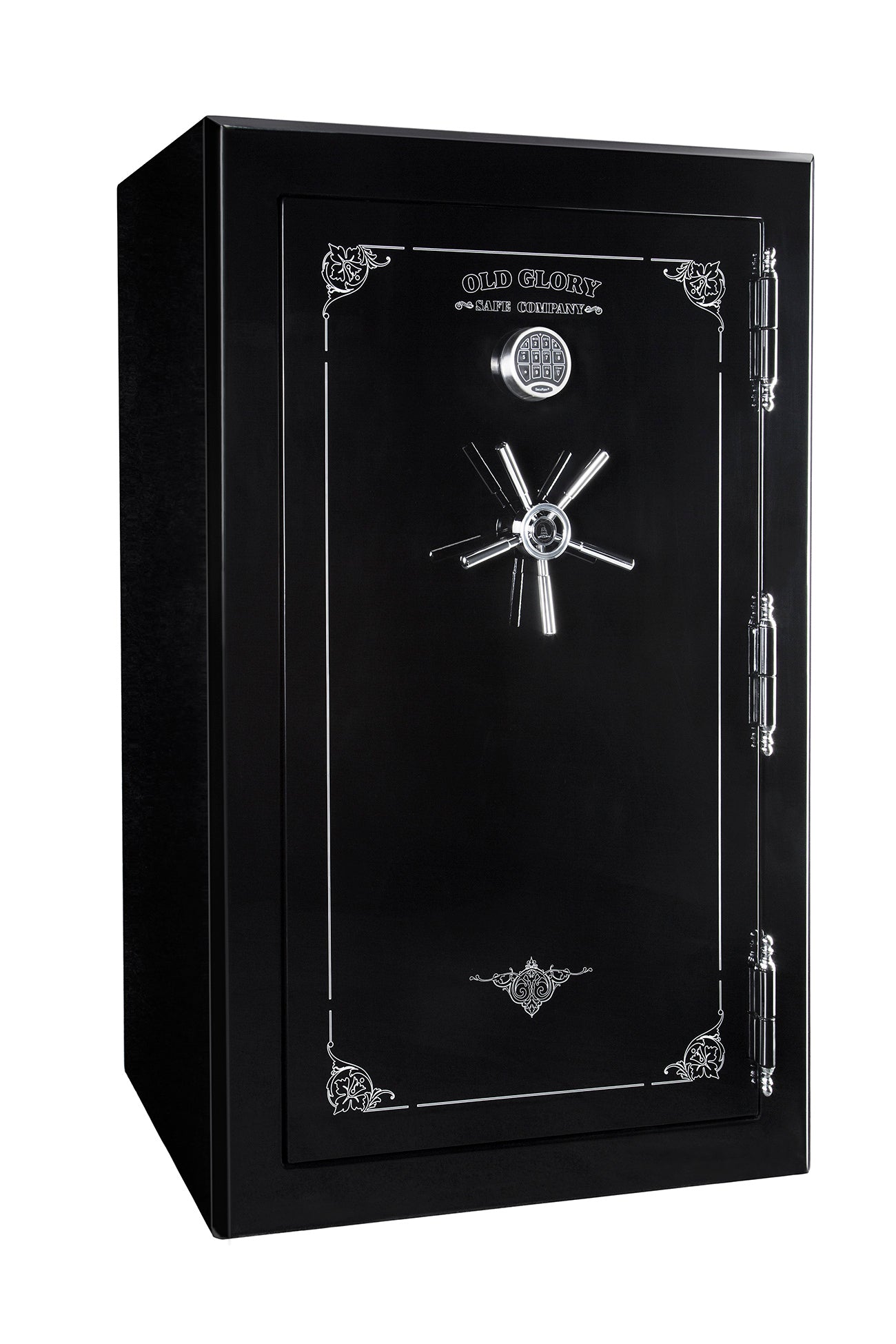 60 inch tall by 30 inch wide Old Glory Battle Ready gun safe locked in gloss black