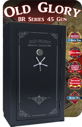 72 inch tall by 42 inch wide Old Glory LE gun safe locked in gloss black background