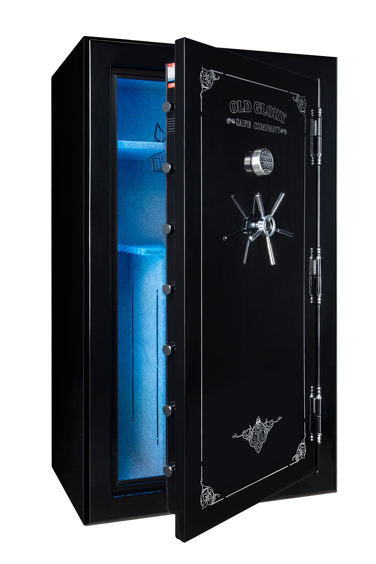 72 inch tall by 42 inch wide Old Glory LE gun safe unlocked in gloss black with blue lighting