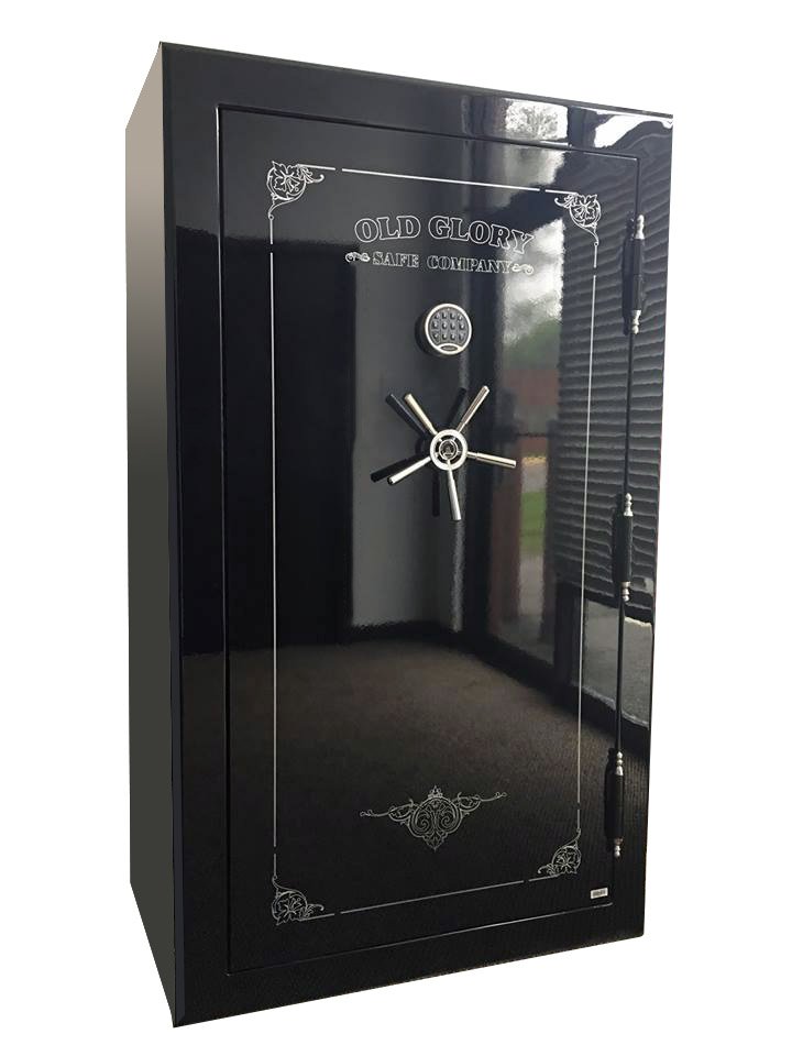 72 inch tall by 42 inch wide Old Glory LE gun safe locked in gloss black