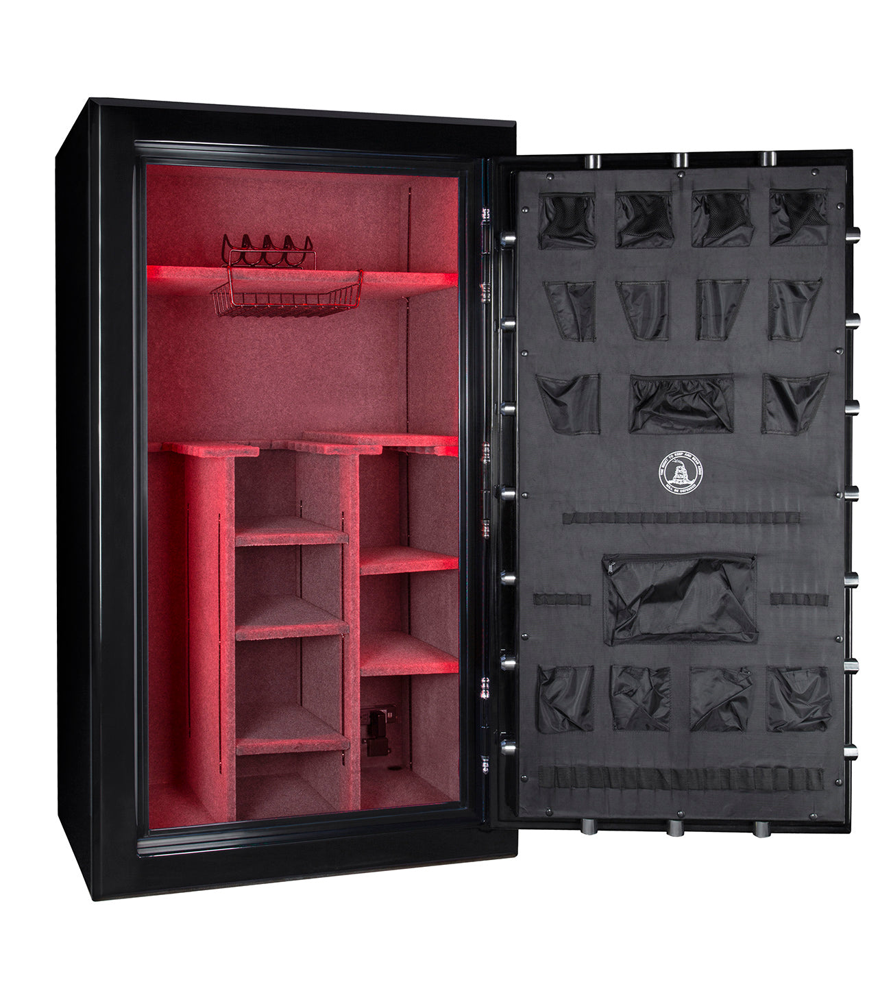 72 inch tall by 42 inch wide Old Glory Super Duty gun safe unlocked in gloss black