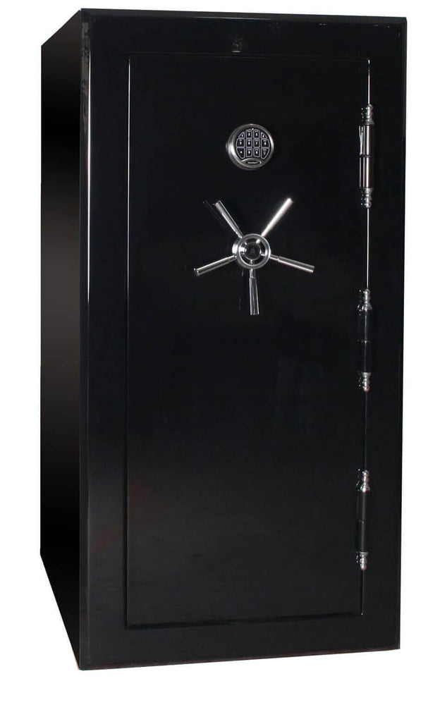 60 inch tall by 30 inch wide Old Glory GI gun safe locked in gloss black