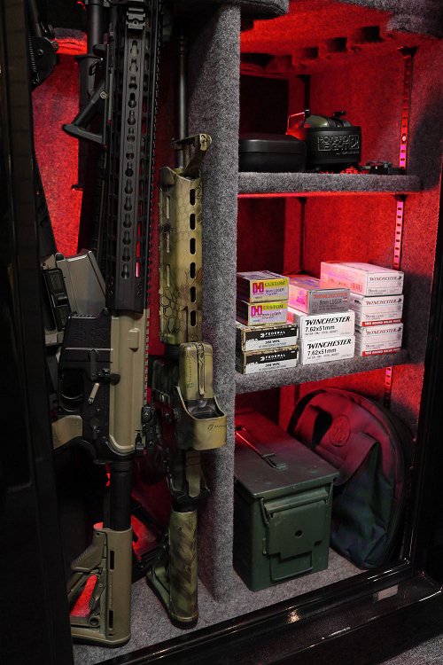 60 inch tall by 30 inch wide Old Glory Super Duty gun safe unlocked in gloss black with LED lighting