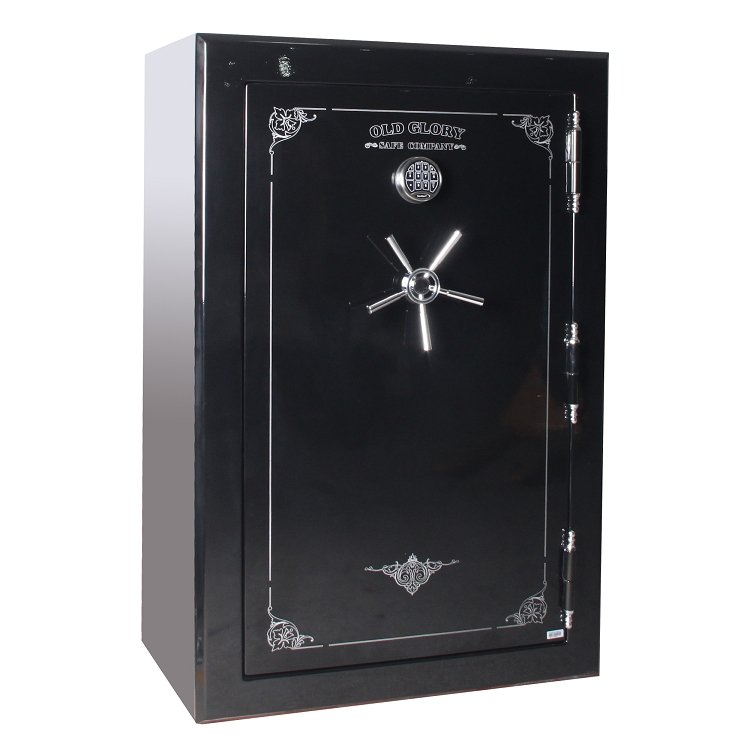 60 inch tall by 39 inch wide Old Glory Super Duty gun safe locked in gloss black
