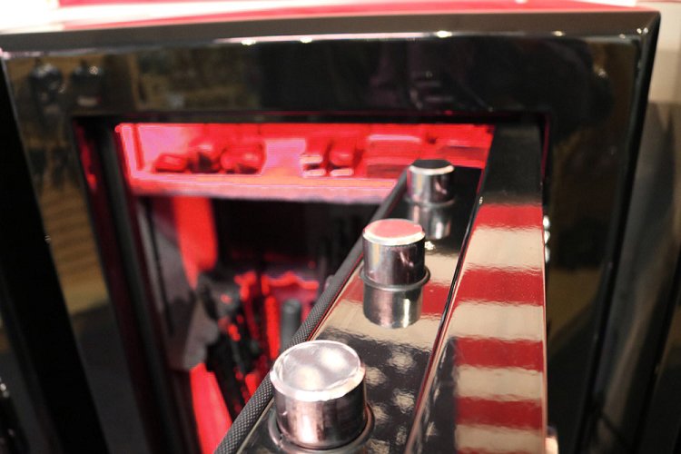 60 inch tall by 39 inch wide Old Glory Super Duty gun safe unlocked in gloss black with red LED