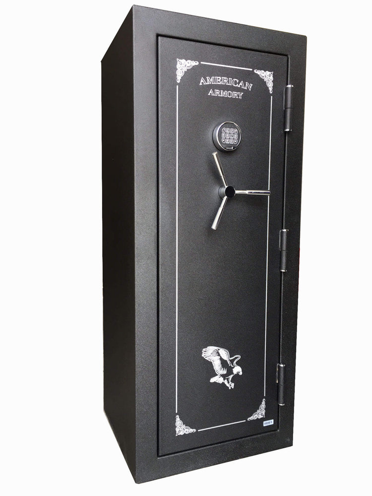 60 inch tall by 25 inch wide American Armory tactical gun safe locked in textured black