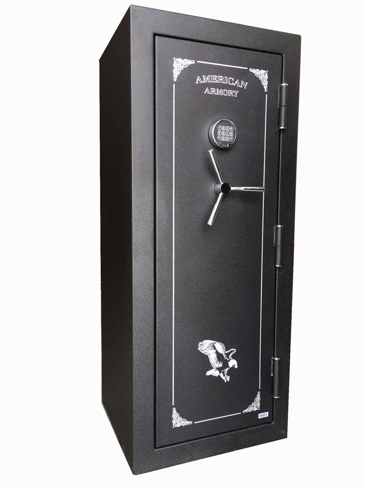 
                  
                    60 inch tall by 25 inch wide American Armory tactical gun safe locked in textured black
                  
                