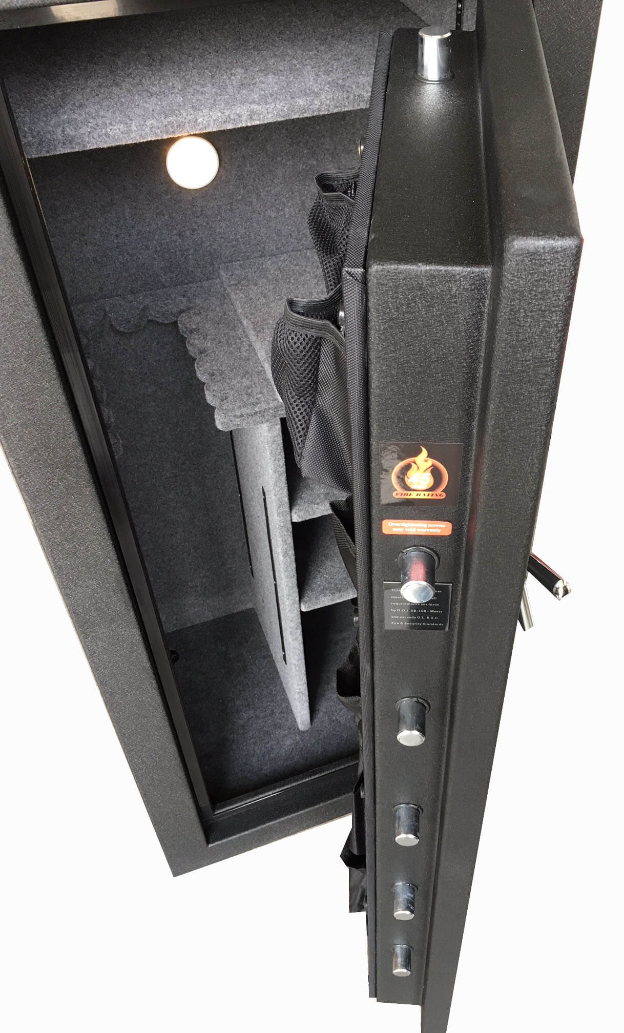 
                  
                    60 inch tall by 25 inch wide American Armory tactical gun safe unlocked half open in textured black
                  
                