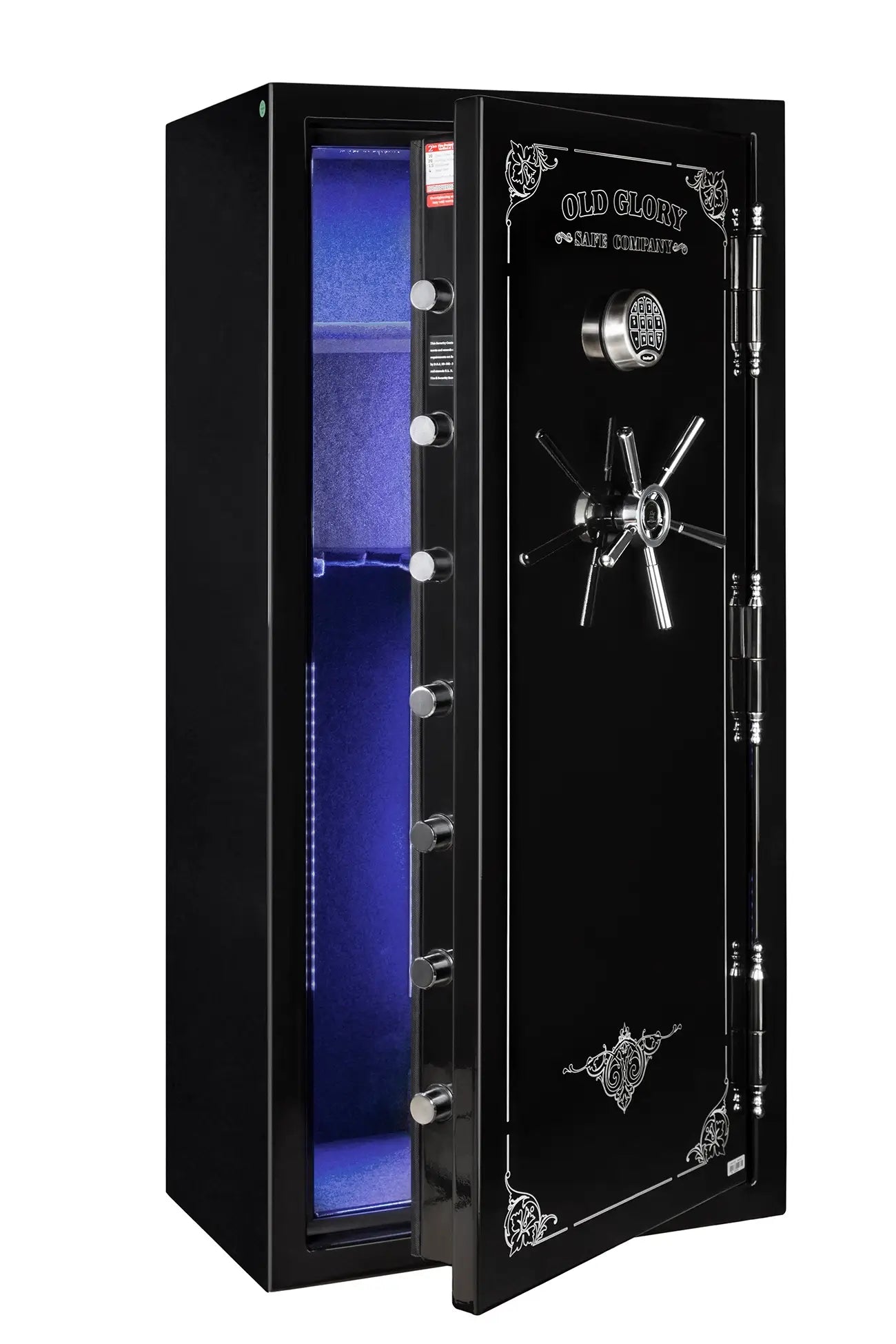 60 inch tall by 28 inch wide Old Glory gun safe unlocked in gloss black with blue LED lights