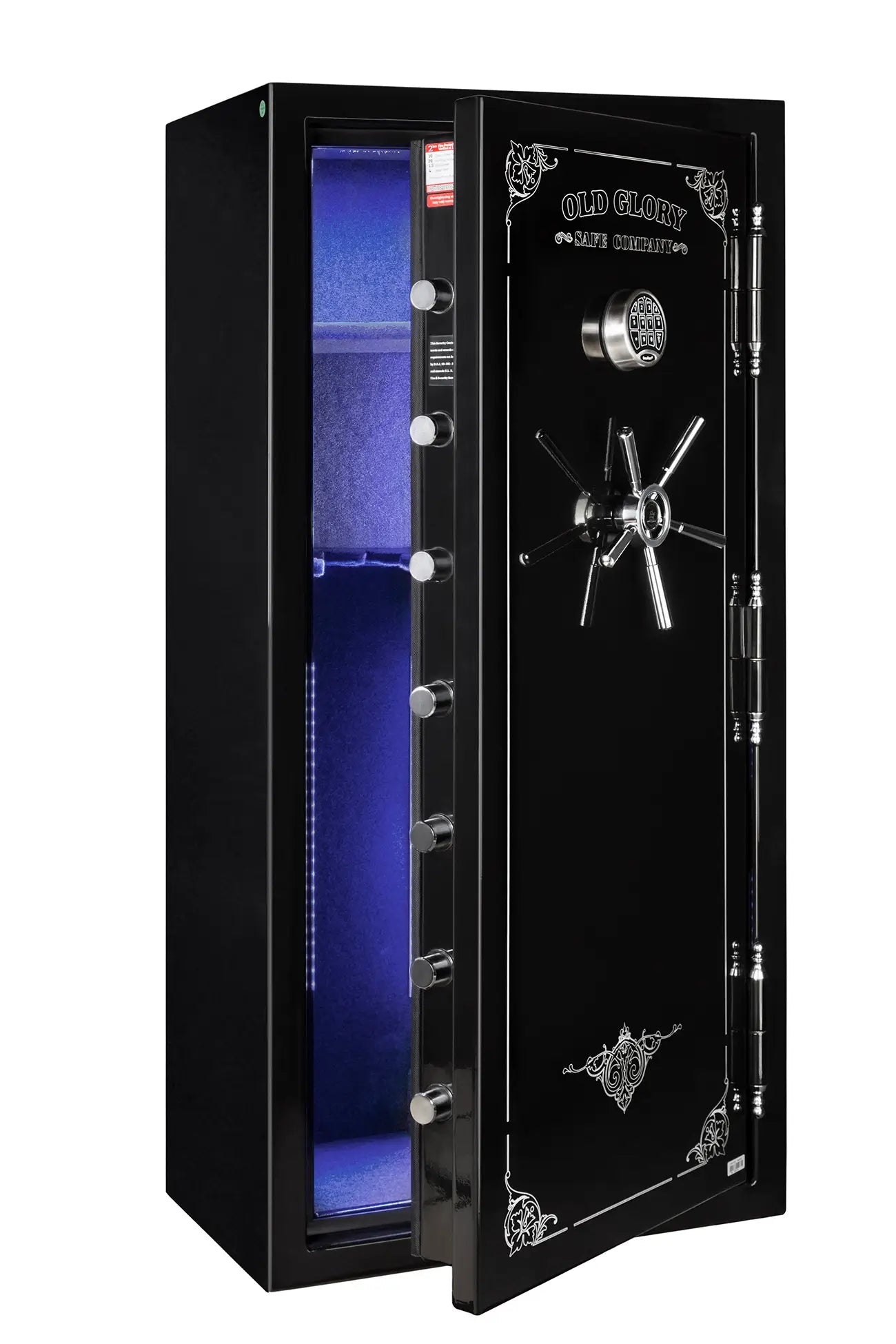 
                  
                    60 inch tall by 28 inch wide Old Glory gun safe unlocked in gloss black with blue LED lights
                  
                