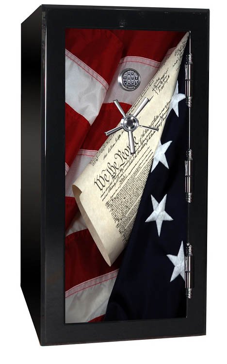 60 inch tall by 30 inch wide Old Glory gun safe locked in gloss black with custom Law and Order graphic design