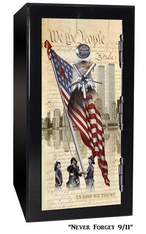 
                  
                    60 inch tall by 30 inch wide Old Glory gun safe locked in gloss black with custom Never Forget 9-11 graphic design
                  
                