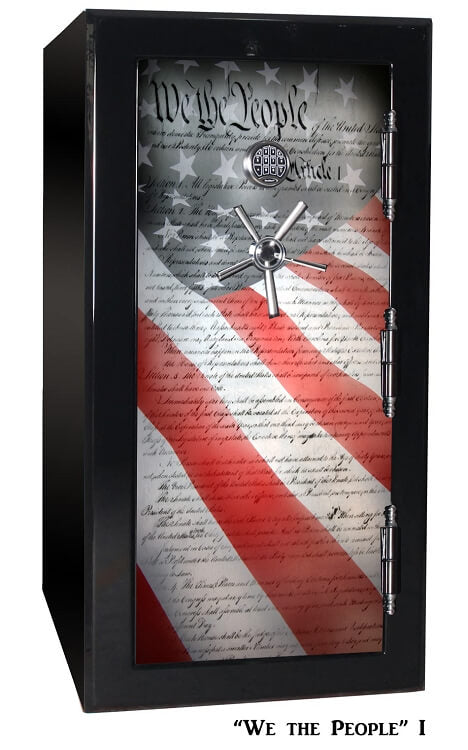 
                  
                    60 inch tall by 30 inch wide Old Glory gun safe locked in gloss black with custom We the People graphic design
                  
                