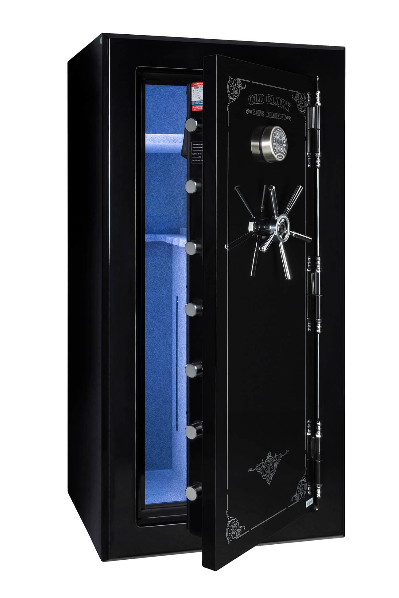 
                  
                    60 inch tall by 30 inch wide Old Glory gun safe unlocked in gloss black with white LED lighting
                  
                