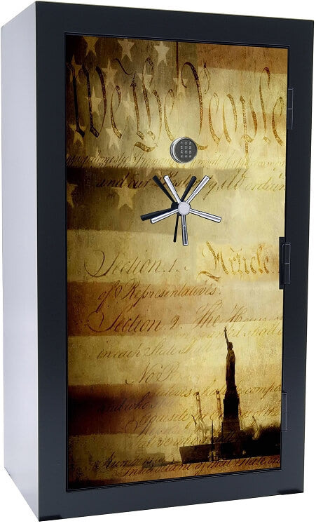 60 inch tall by 39 inch wide Old Glory gun safe locked in gloss black with custom Old Glory Series 1 graphic design