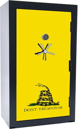 72 inch tall by 42 inch wide Old Glory gun safe locked in gloss black with custom Gadsden Flag graphic design