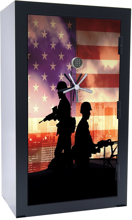 72 inch tall by 42 inch wide Old Glory gun safe locked in gloss black with custom Old Glory Series #2 graphic design