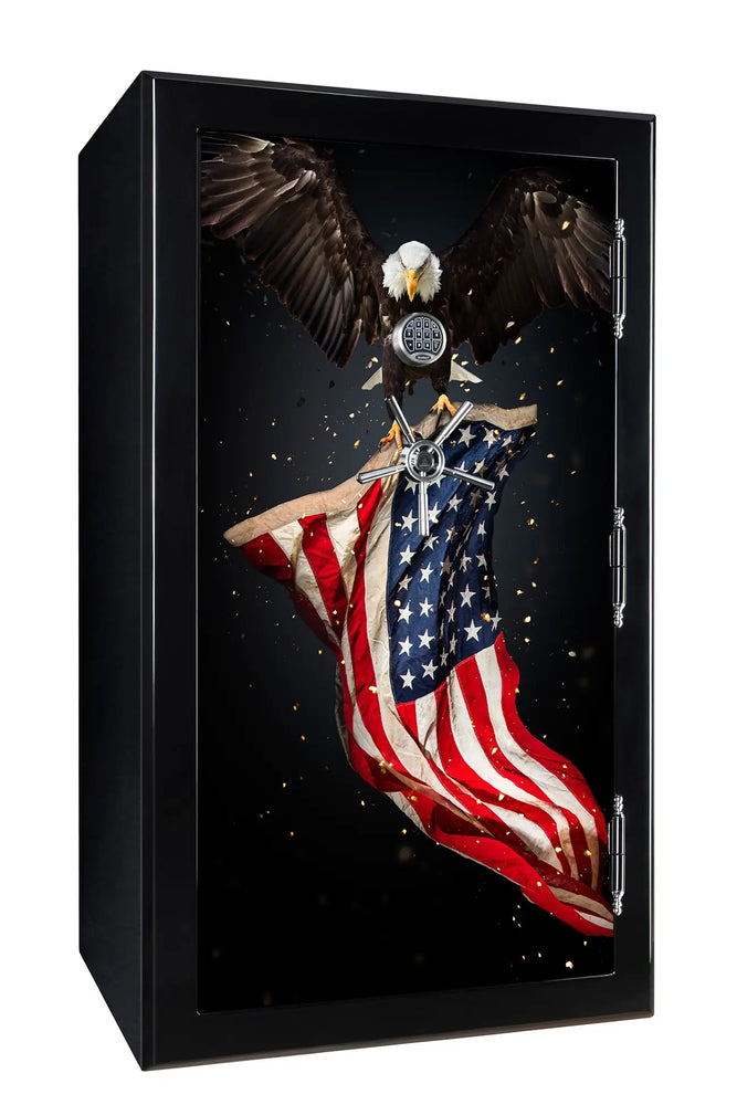 
                  
                    72 inch tall by 42 inch wide Old Glory gun safe locked in gloss black with custom Wings of Freedom graphic design
                  
                