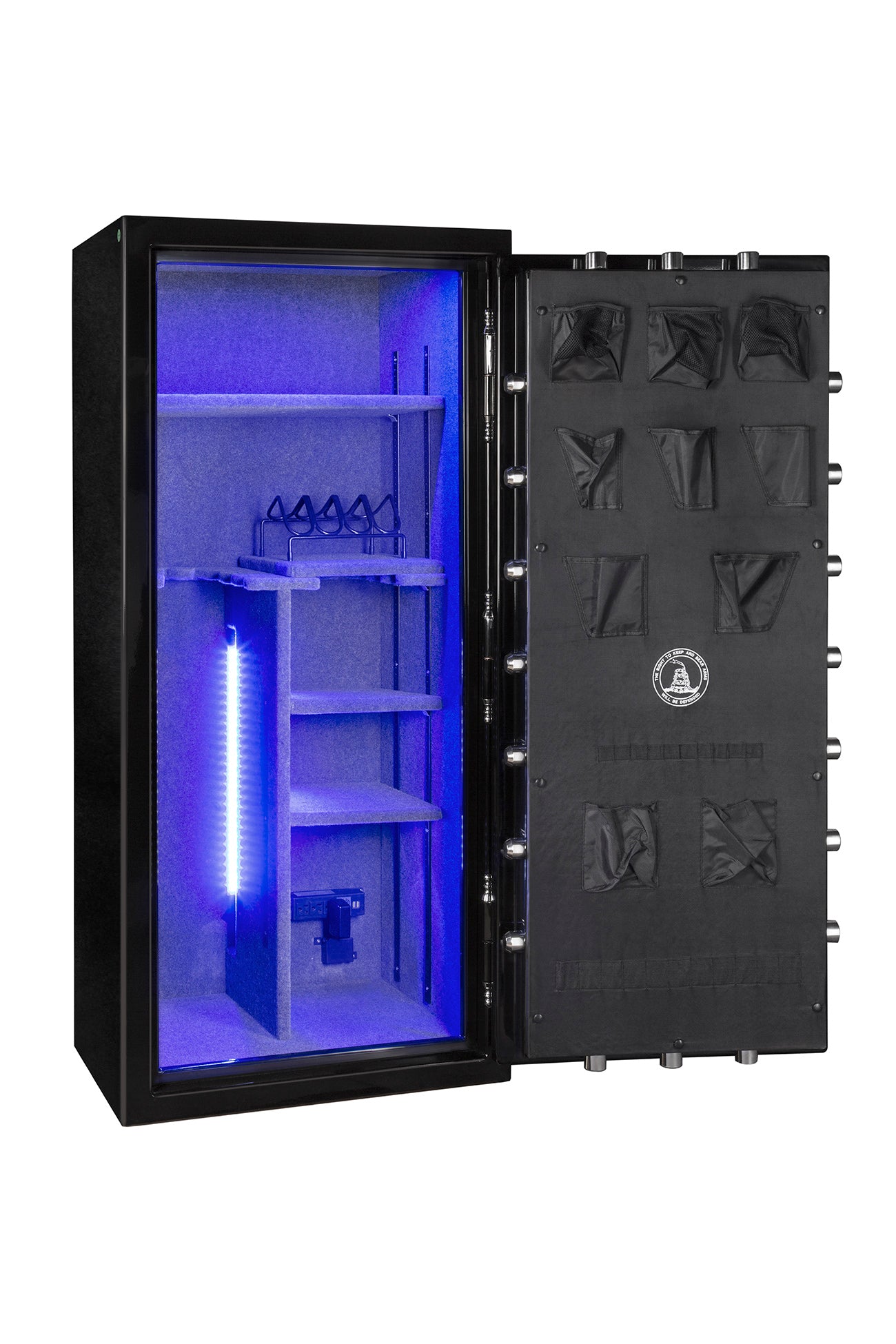 
                  
                    60 inch tall by 28 inch wide Old Glory gun safe unlocked with blue LED lights
                  
                