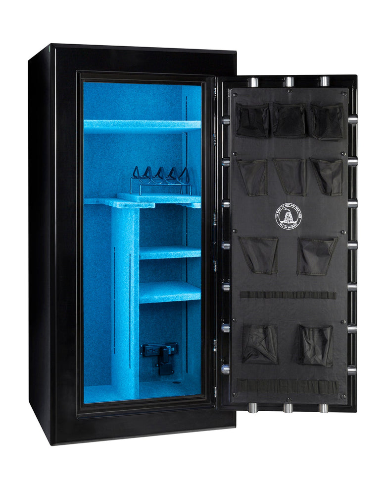 
                  
                    60 inch tall by 30 inch wide Old Glory Battle Ready gun safe unlocked in gloss black with blue LED lighting
                  
                