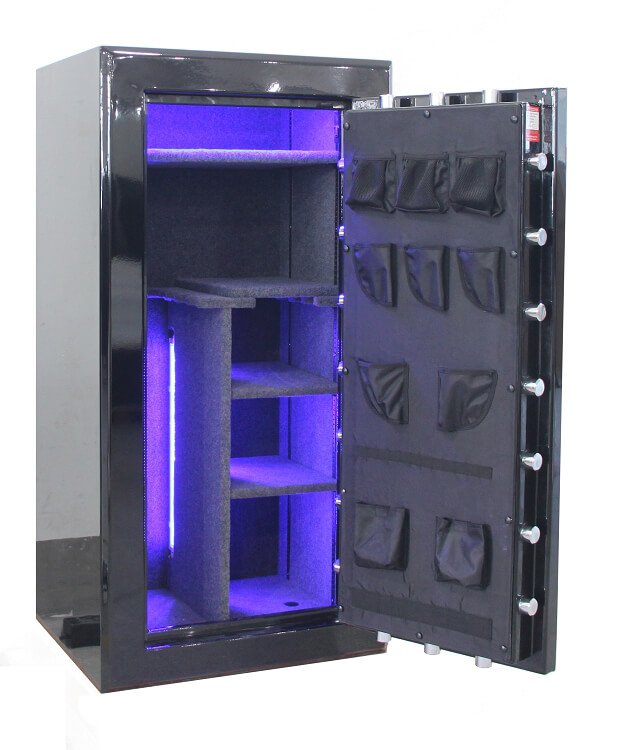 60 inch tall by 30 inch wide Old Glory Battle Ready gun safe unlocked in gloss black with blue LED lights