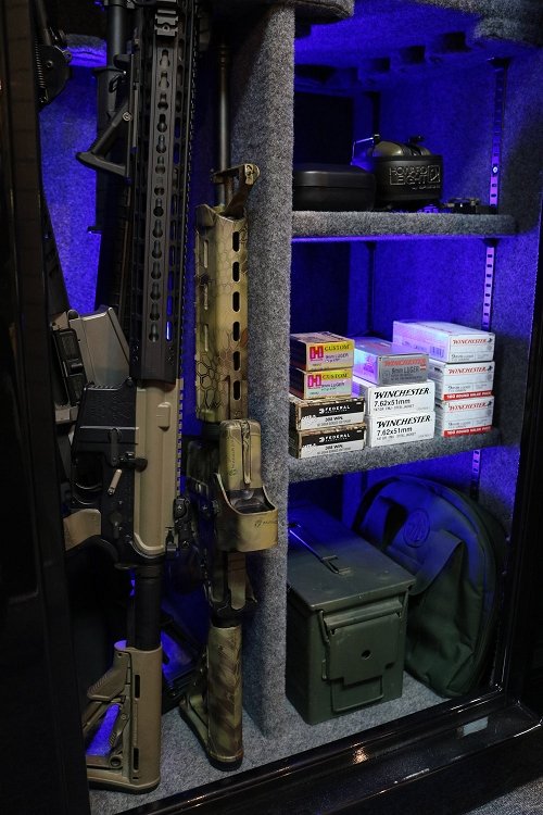 60 inch tall by 30 inch wide Old Glory Battle Ready gun safe unlocked in gloss black with LED lighting