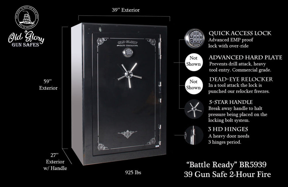60 inch by 39 inch Old Glory Battle Ready gun safe tactical infographic