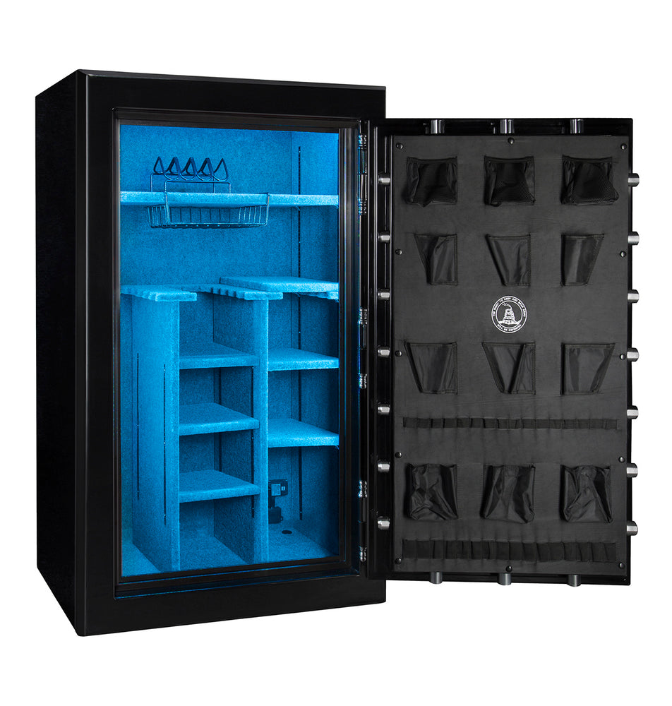 60 inch tall by 39 inch wide Old Glory gun safe unlocked in gloss black with blue LED lights