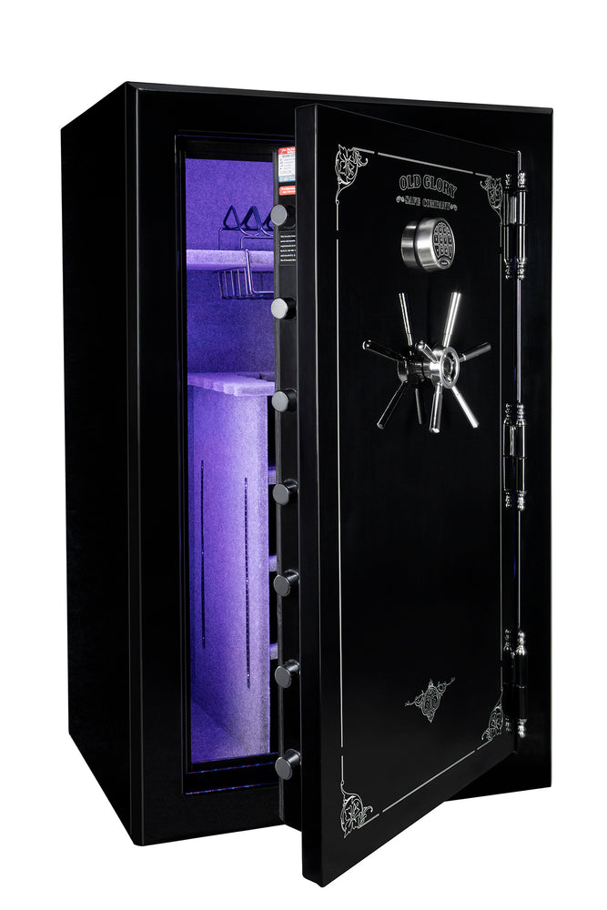 
                  
                    60 inch tall by 39 inch wide Old Glory gun safe unlocked in gloss black with blue LED lights
                  
                