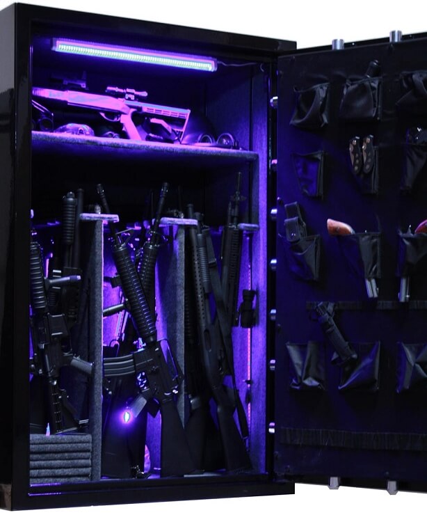 60 inch tall by 39 inch wide Old Glory Battle Ready gun safe unlocked in gloss black with LED lighting and door storage