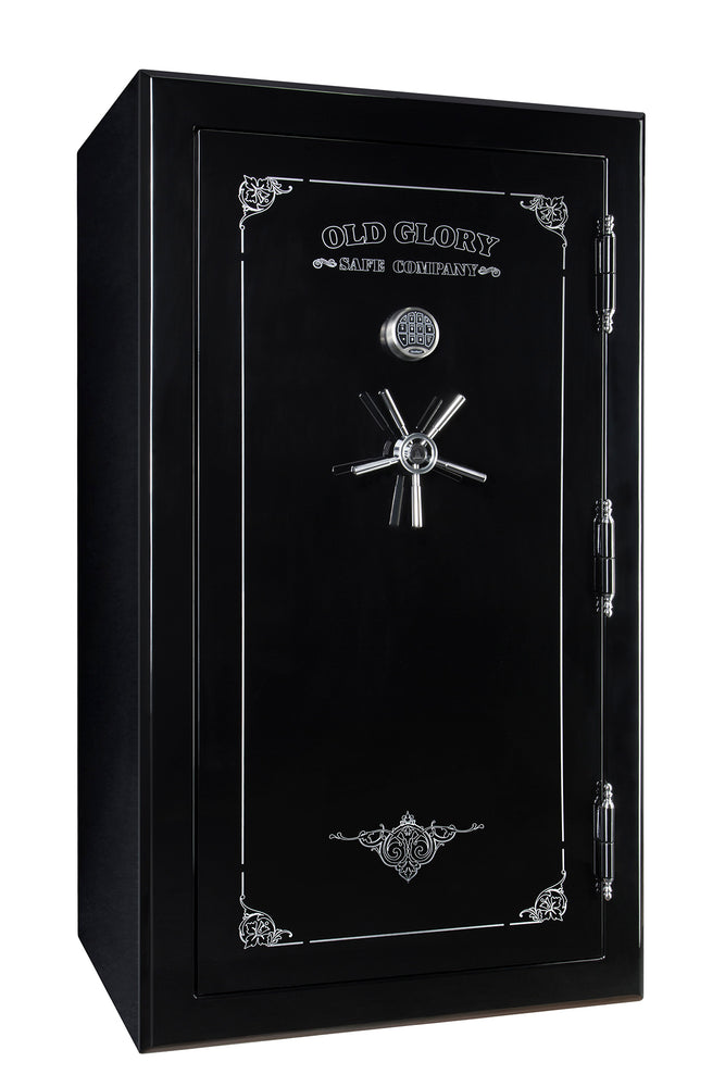 
                  
                    72 inch tall by 42 inch wide Old Glory LE gun safe locked in gloss black from left side
                  
                