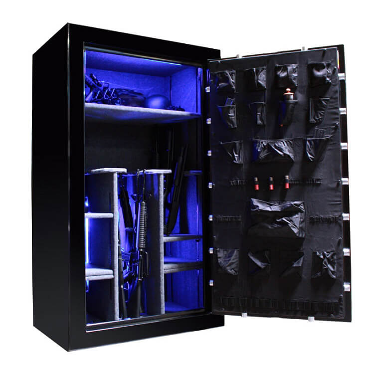 72 inch tall by 42 inch wide Old Glory gun safe unlocked in gloss black with blue lighting loaded