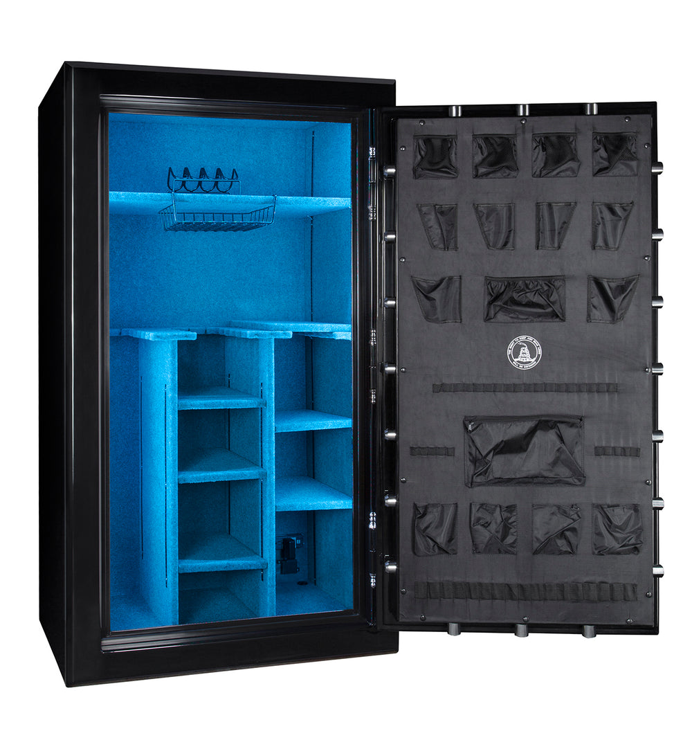 72 inch tall by 42 inch wide Old Glory gun safe unlocked in gloss black with blue Lighting