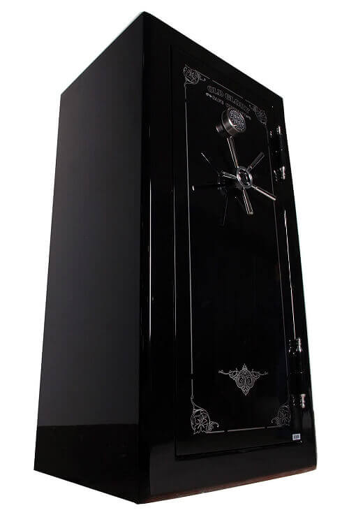 60 inch tall by 30 inch wide Old Glory LE Legend gun safe locked in gloss black upward angle