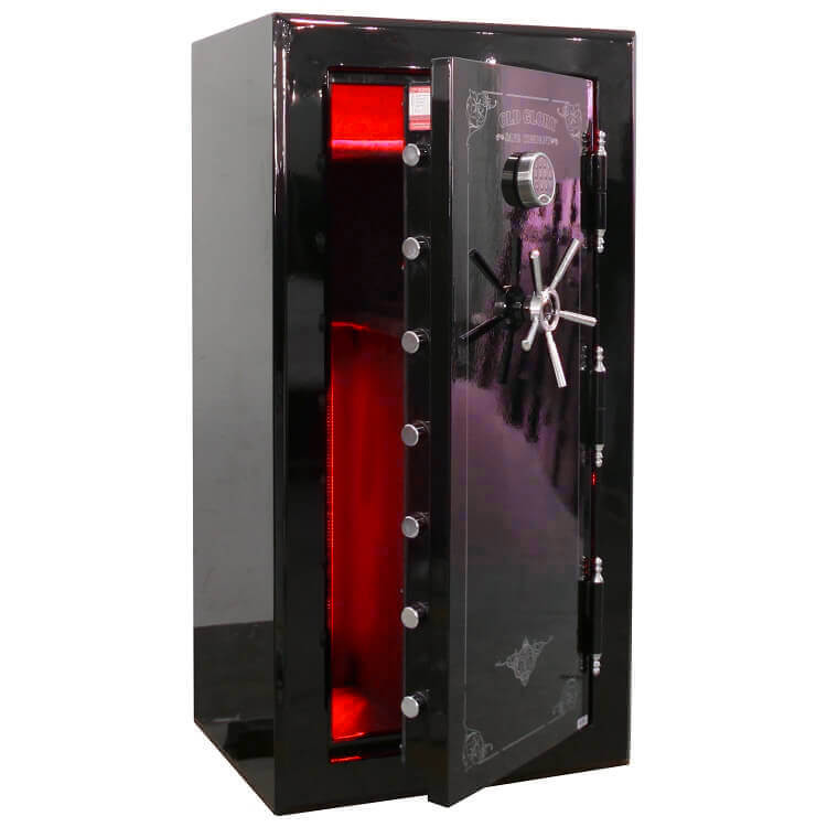 
                  
                    60 inch tall by 30 inch wide Old Glory Super Duty gun safe unlocked in gloss black with red lights
                  
                