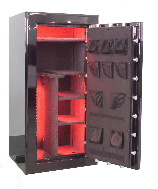 
                  
                    60 inch tall by 30 inch wide Old Glory Super Duty gun safe unlocked in gloss black with red LED lights
                  
                