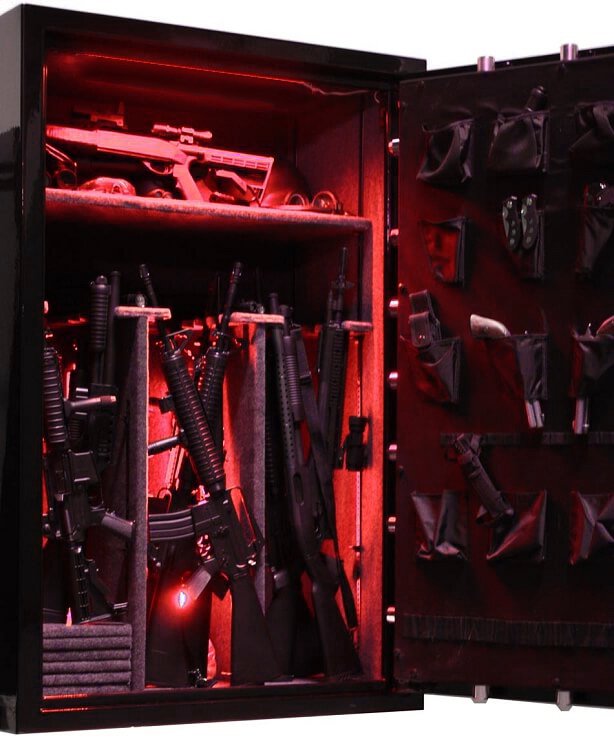 60 inch tall by 39 inch wide Old Glory Super Duty gun safe unlocked in gloss black with LED lighting and door storage