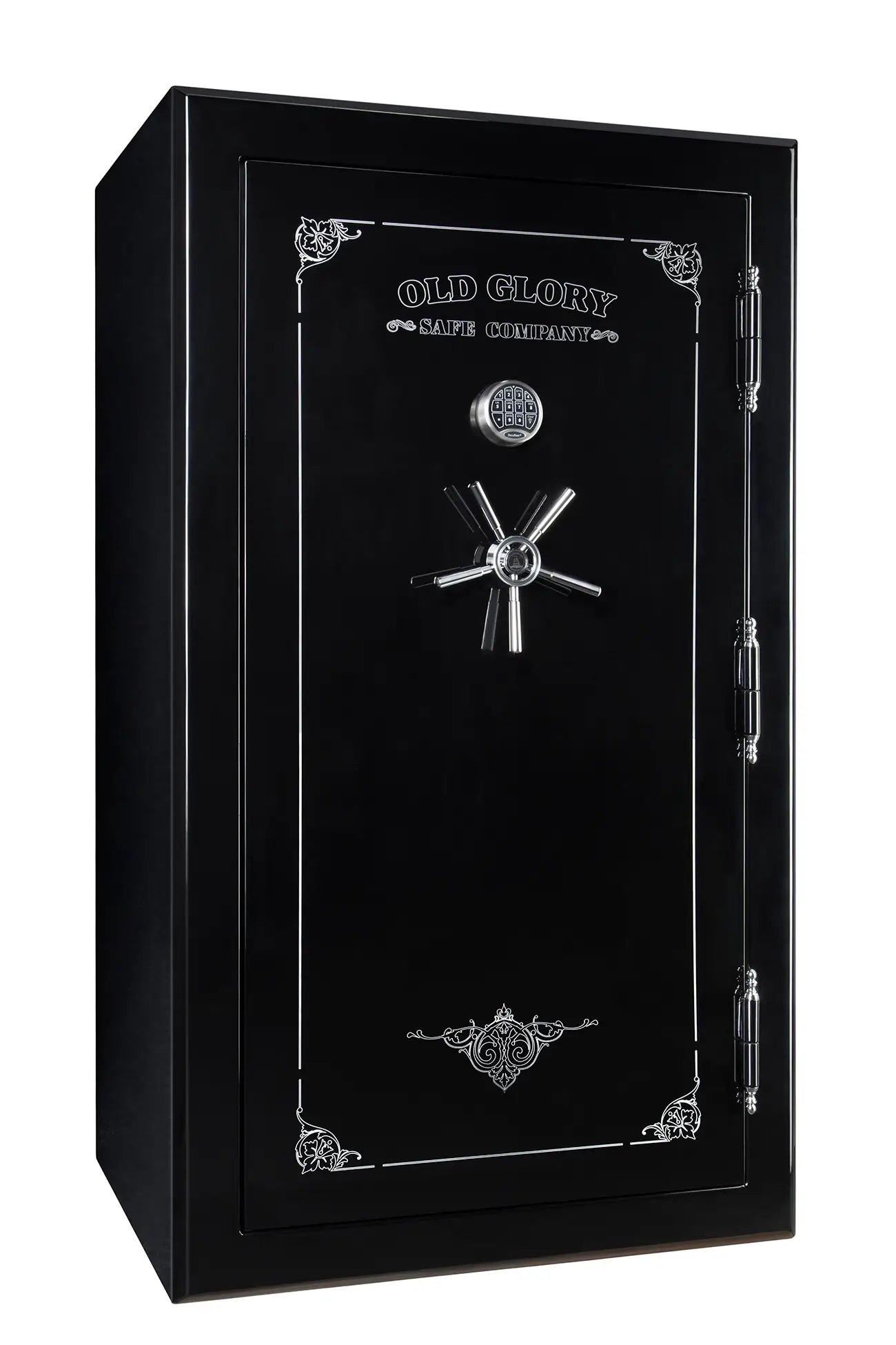 72 inch tall by 42 inch wide Old Glory Super Duty gun safe locked in gloss black